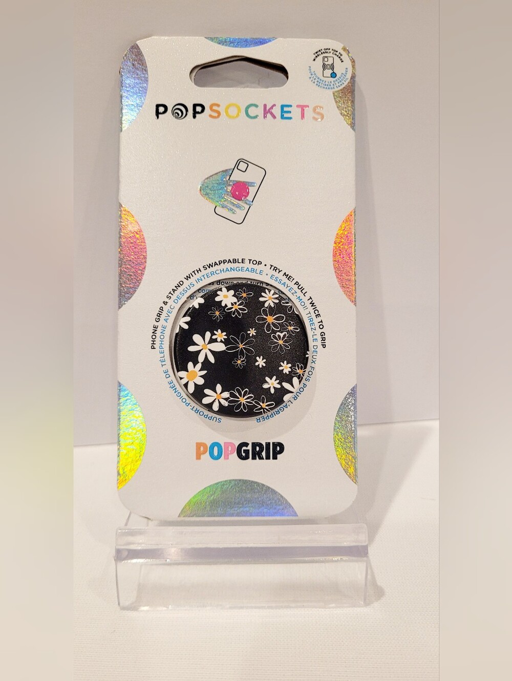 PopSocket PopGrip Black with White and Yellow Daisy Pattern
